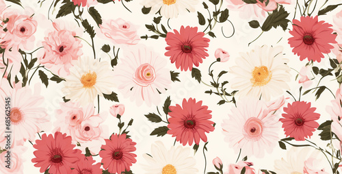 Rose and daisy pattern banner wallpaper simple background, seamless pattern with flowers, seamless floral pattern. Generative Ai content