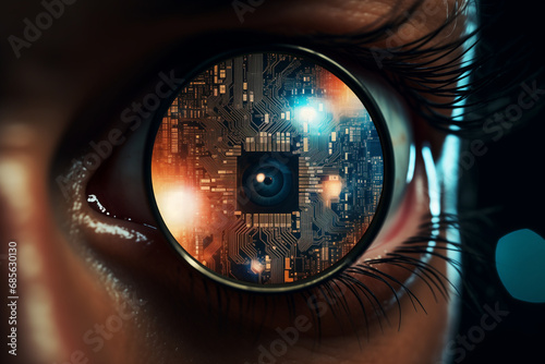 Iris grossi par une loupe montrant une puce informatique, concept futuriste digital