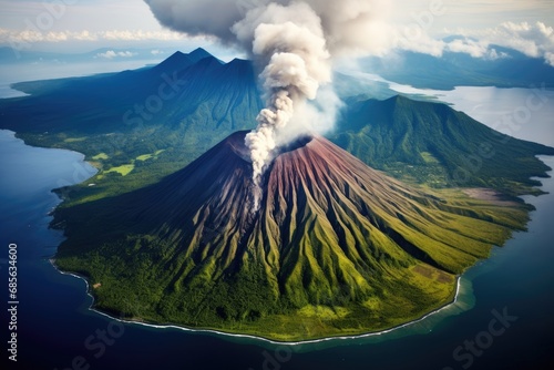 Volcanic eruption of Mount Bromo, Java, Indonesia, Aerial view of Gamalama Volcano on Ternate, Indonesia, AI Generated