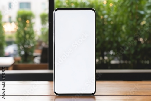 A samsung galaxy s8 s9 phone standing vertically on a desk interior nature background with white screen, generated by AI.