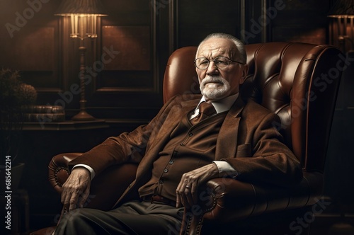 Stylish aristocrat grandfather seated leather armchair. Elderly businessman dressed in classic suit relaxed in chair. Generate ai