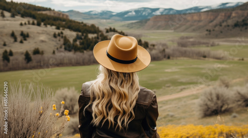 Blonde cowgirl in hat at meadow with mountains on background