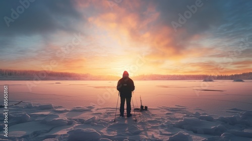 A man gearing up for a day of ice fishing photo realistic illustration - Generative AI.