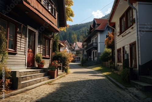 A picturesque cobblestone street in a charming small town. 