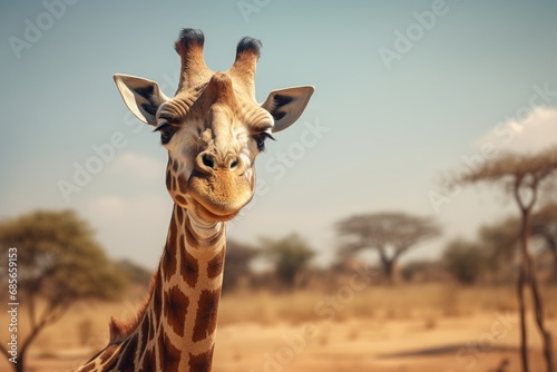 A close up view of a giraffe's face with tall trees in the background. 