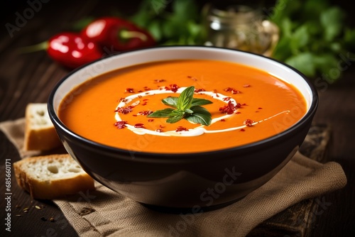 Rote Pfeffersuppe mit Creme Fraich. Orange Suppe wie auch eine Kürbissuppe oder Karottensuppe in einer Suppenschale.