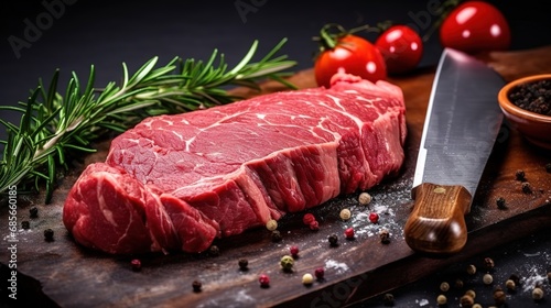 Rohes Steak auf einem rustikalen Holzbrett dekoriert mit Rosmarin, Pfeffer und Tomaten. Rotes Rindfleisch als leckeres Steak vor dem anbraten.