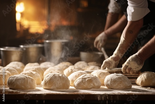 Experienced baker expertly kneading dough in bakery with copy space on blurred defocused background