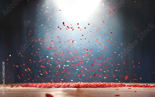 スポットライトの中赤い花びらが舞い落ちるドラマチックな舞台背景