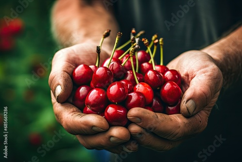 A gardener's hands hold a handful of ripe sour cherries, embodying the organic, fresh allure of summer.