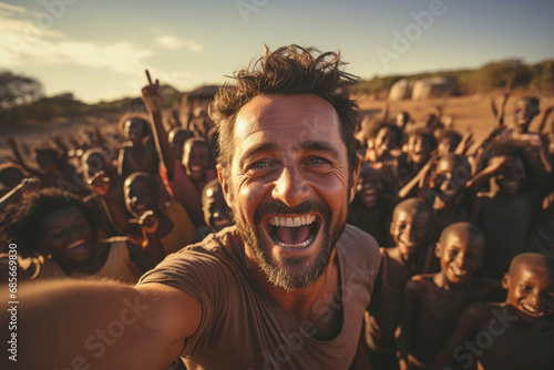 Caucasian volunteer man in africa village takes a selfie with children - Volunteering concept - Human community - Generative AI