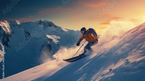 A man skiing on a steep mountain photo realistic illustration - Generative AI.