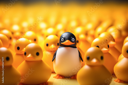 Rubber Penguin Among Yellow Rubber Ducks, One among other concept