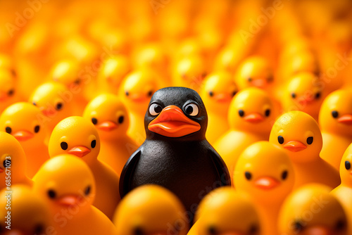 Stand Out From Crowd Concept, Angry Penguin Among Yellow Rubber Duck
