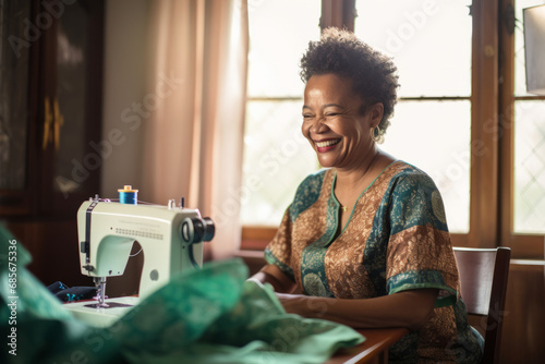 Portrait of a happy senior woman using sewing machine in her home