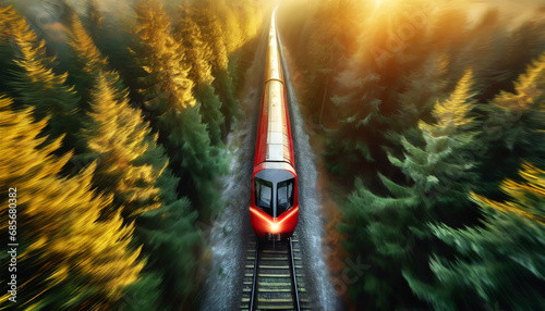 Aerial view of a high-speed red train runs through a green forest with pine and larch trees at sunset or sunrise.