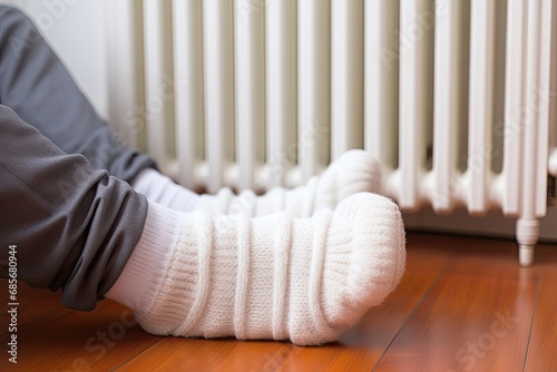 Warming Feet on White Radiator, Man Warms his Feet at Home, Cold Winter, Expensive Electricity Saving Concept