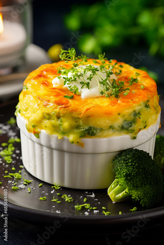 Cheese And Broccoli egg bake in white individual ceramic pot. Vertical, close-up, side view