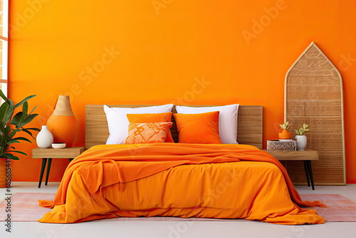 modern minimalist design of bedroom with an orange wall and a white bed.