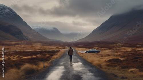 Photo man walking towards his car at glen etive scotl.Generative AI