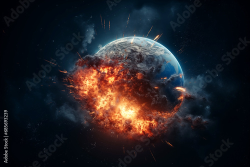 Earth in burns as Global catastrophe, Hell. War on Earth as Climate Change. Planet Earth in space with explosions. Warming and fire on Earth, Death. Earth in burns as Global catastrophe, Hell.