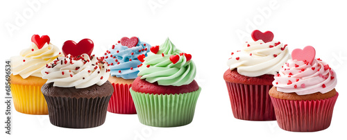 Vibrantly colored cupcakes muffin set with heart on top, bakery’s sweet food offering for valentines day, Isolated on Transparent Background, PNG