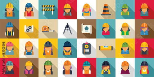 Female construction engineer icons set flat vector. Worker architect. Civil builder hat