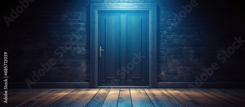 Creative background blue wooden door in a box transitioning to new climate climate change concept magical portal blank space Copy space image Place for adding text or design