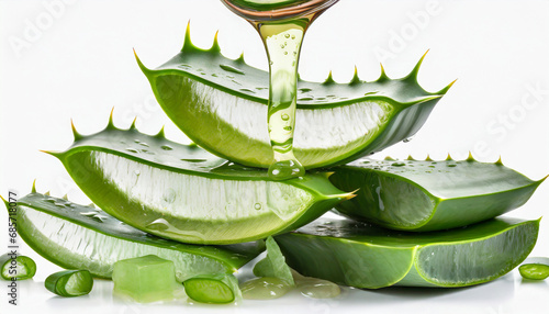 aloe vera gel dripping from sliced pieces isolated on white background