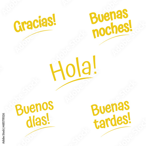 Hola, Gracias, Buenas noches, Buenas tardes, Buenos dlas. Spanish hello text. Hand drawn quote. Brush calligraphy phrase. Vector illustration for print on shirt, card, poster etc. Black and white.