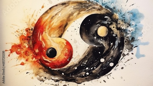 Yin yang symbol of harmony and balance. Watercolor painting. Yin and yang Concept. Yoga Concept. Yin and Yang. Oriental Concept. 