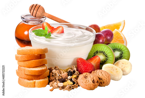 composição de café da manhã com iogurte natural, kiwi, morango, uva, mel, torrada e biscoitos isolado em fundo transparente
