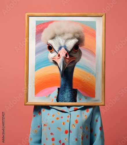 A woman with an image of an ostrich portrait instead of a head.