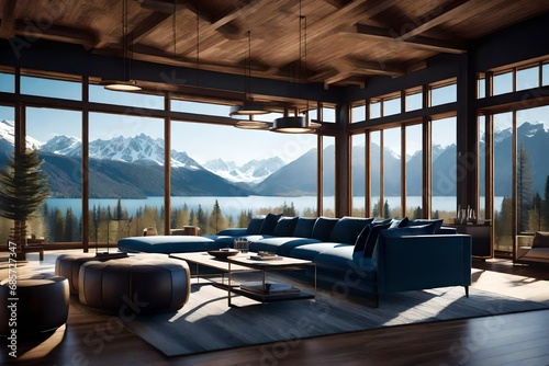 a modern and luxurious open plan living room and kitchen interior with a view of a lake and alpine landscape lodge style al rendered