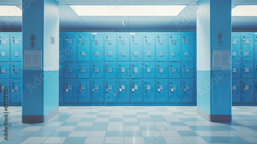 blue lockers in a school hallway. high school lobby corridor interior