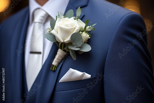 Groom in a fashionable modern suit with a boutonniere close-up