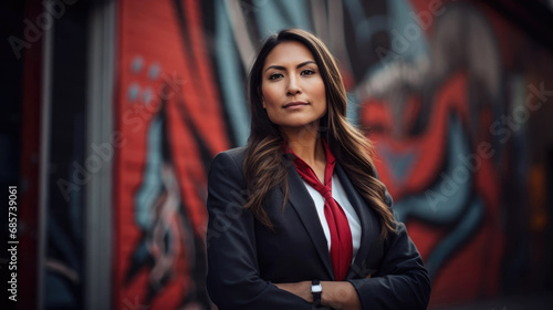 Portrait of a Native American Indian businesswoman in front of a wall mural