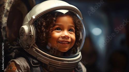 Little boy wearing an astronaut helmet dreams of becoming a rocket pilot spaceman in astronaut costume