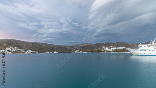 Panorama of Amorgos island evening timelapse. Greece