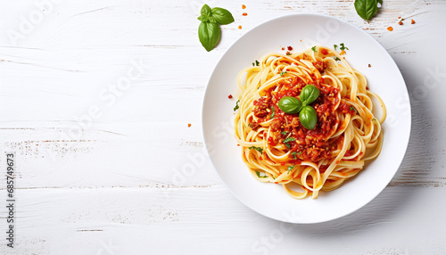 Fettuccine Bolognese pasta with tomato sauce in a white bowl.
