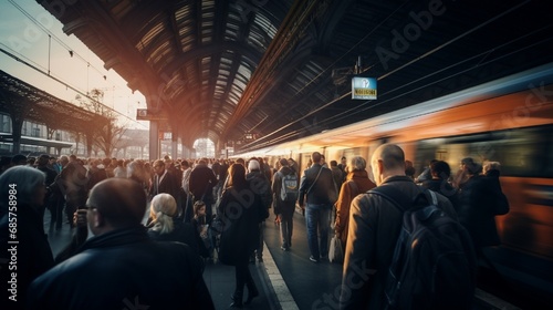 A crowded train platform during rush hour, capturing the dynamic and interconnected flow of daily commuter life.