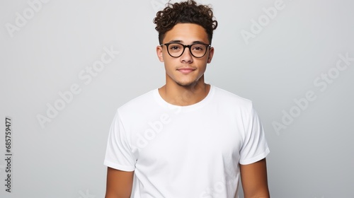 Attractive young Mexican man wearing a white t-shirt and glasses. Isolated on white background.