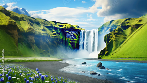Skogafoss waterfall in a sunny day, Iceland, Europe