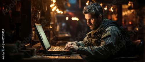 Portrait of soldier wearing a military uniform, operating at his computer. Soldier operating laptop