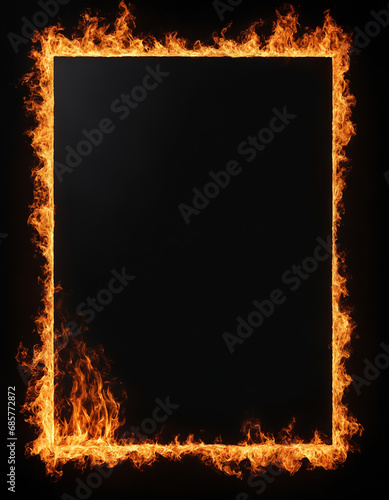 Background with an empty black frame burning with fire