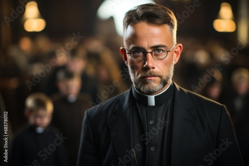 Ernst blickender katholischer Priester in schwarzer Kleidung mit ernst blickendem Jungen in schwarzer Kleidung im Inneren einer Kirche