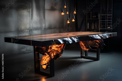 The design of a wooden table made of a single piece of oak in a futuristic style in a modern interior.