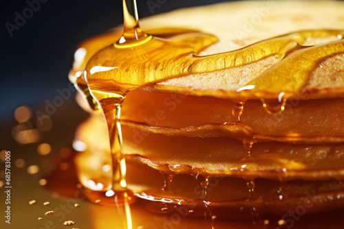 Delicious pancakes are topped with sweet syrup, with a droplet of honey for extra sweetness.