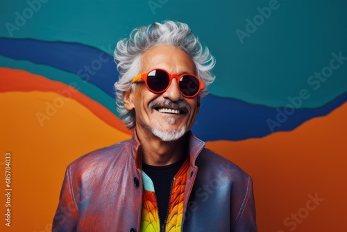 Portrait of tanned mature man wearing sunglasses with gray hair on bright colorful background.
