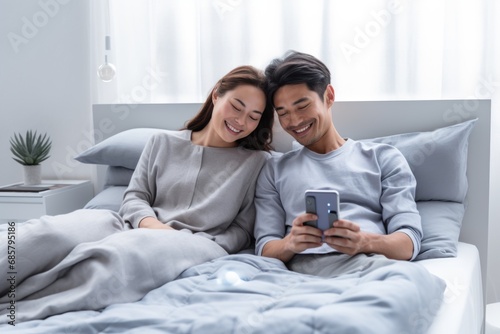 Happy young Korean couple lying on bed and hugging looking at smartphone, covered in blanket